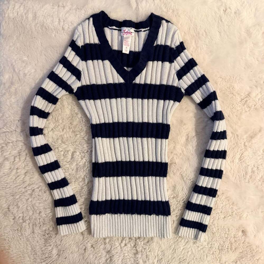Justice Blue and White Striped V-Neck Long Sleeve Ribbed Sweater
